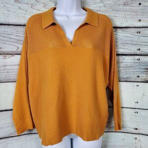 Vieta Milano Women’s Top XL Mustard Yellow Knit Collared 3/4 Sleeve Sweater